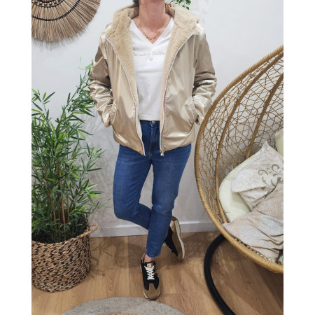 Parka femme dorée réversible fausse fourrure beige Sora