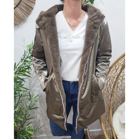 Parka femme bronze réversible fausse fourrure taupe Armanda