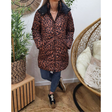 Doudoune longue femme réversible léopard choco et noire