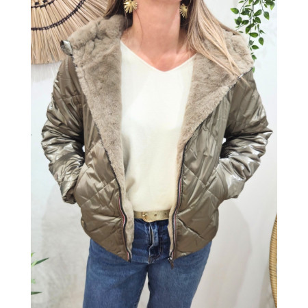 Parka femme bronze matelassée réversible fausse fourrure taupe Esma
