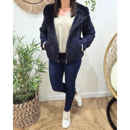 Parka femme bleu marine matelassée réversible fausse fourrure Esma