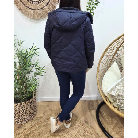 Parka femme bleu marine matelassée réversible fausse fourrure Esma