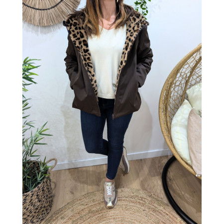Parka femme courte choco réversible fausse fourrure léopard Izora