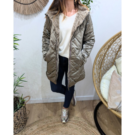 Parka longue femme bronze matelassée réversible fausse fourrure taupe Lioba