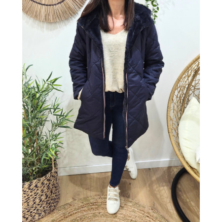 Parka longue femme bleu marine matelassée réversible fausse fourrure Lioba
