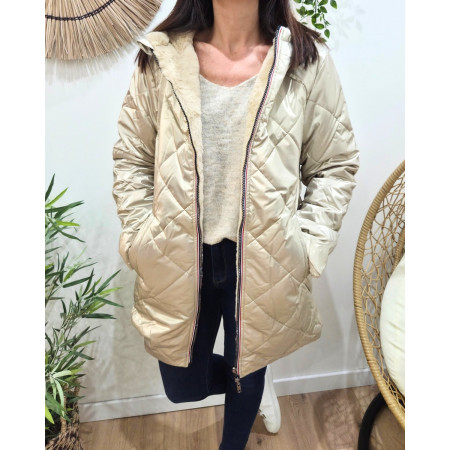 Parka longue femme dorée matelassée réversible fausse fourrure beige Lioba