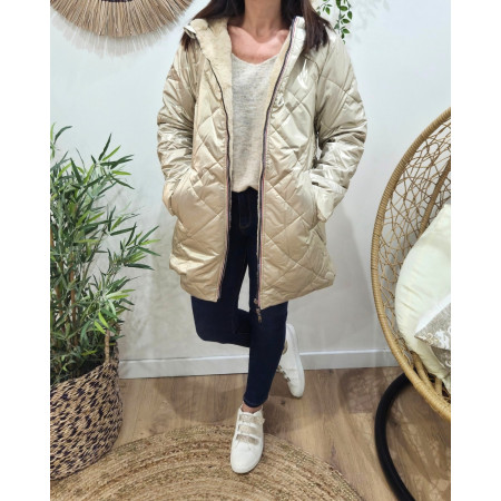 Parka longue femme dorée matelassée réversible fausse fourrure beige Lioba