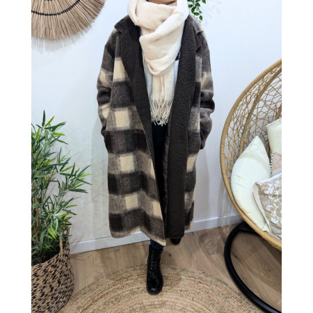 Manteau long femme à carreaux marron et beige