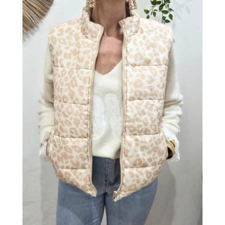 Doudoune femme sans manches dorée et léopard beige réversible