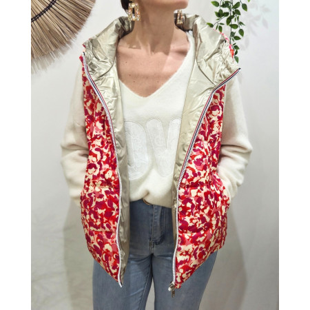 Doudoune femme sans manches dorée et motifs fuchsias orangés réversible