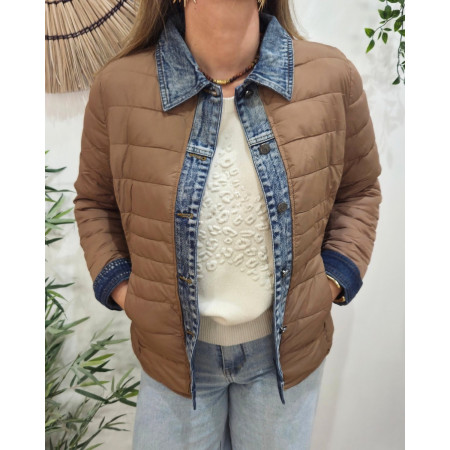 Doudoune femme marron café rebords jeans