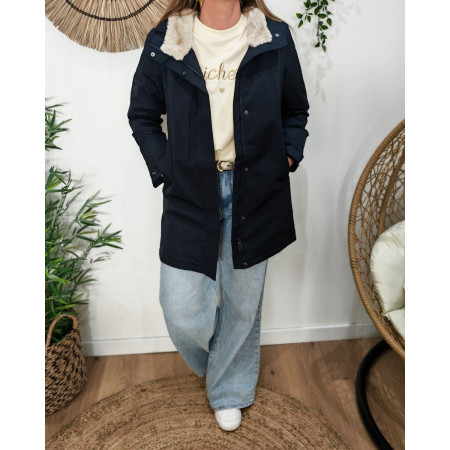 Parka longue femme marine fourrée beige Branca