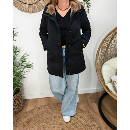 Parka longue femme noire fourrée camel Branca