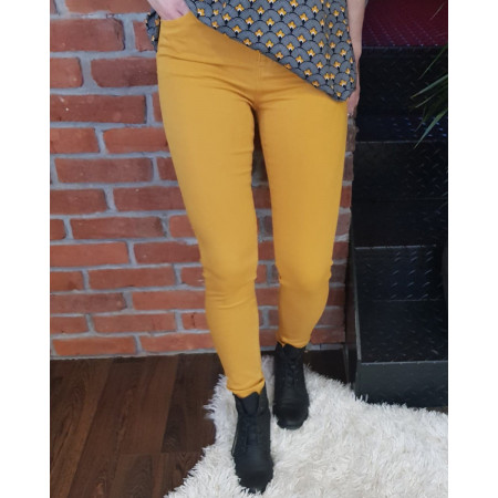 Pantalon femme jaune moutarde long skinny taille haute