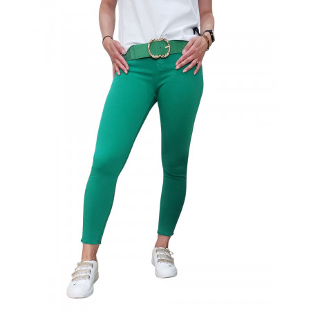 Pantalon femme vert gazon 7/8 skinny taille haute