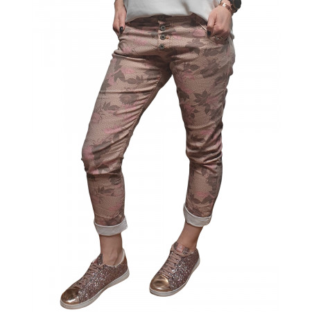 Pantalon beige fleurs roses et taupes