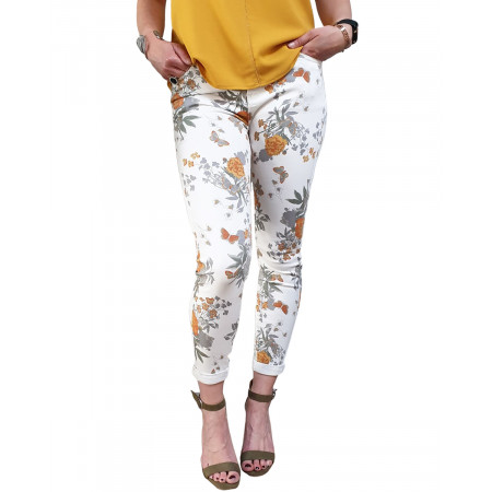 Pantalon blanc fleurs et papillons oranges et grises taille haute
