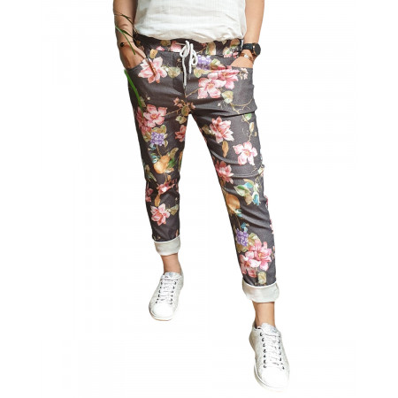 Pantalon fluide noir grosses fleurs multicolores