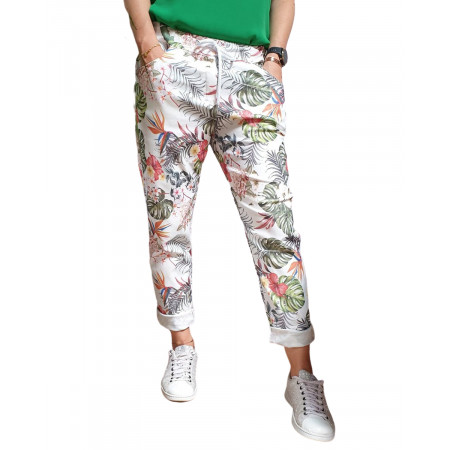 Pantalon fluide blanc feuillages et fleurs exotiques multicolores