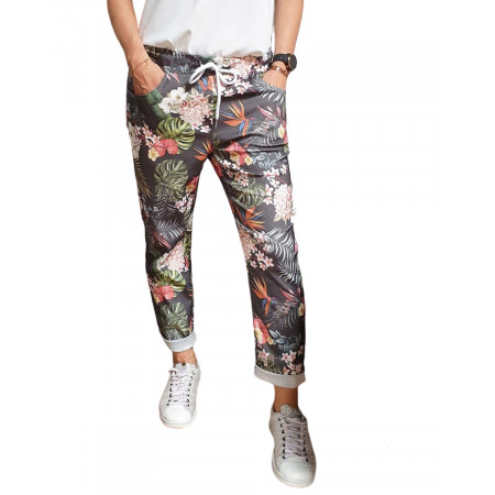 Pantalon fluide noir feuillages et fleurs exotiques multicolores