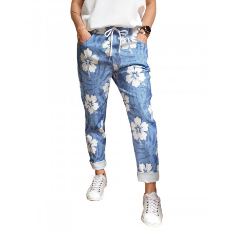 Pantalon fluide bleu grosses fleurs exotiques blanches