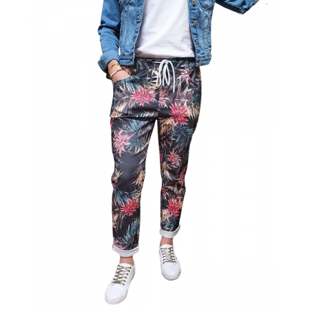 Pantalon fluide noir feuillages exotiques multicolores