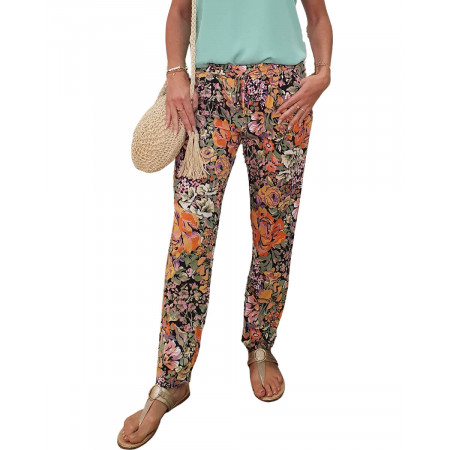 Pantalon fluide imprimé floral vert orange et violet