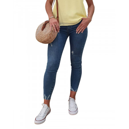 Jean femme skinny vintage blue taille haute à ourlet effiloché