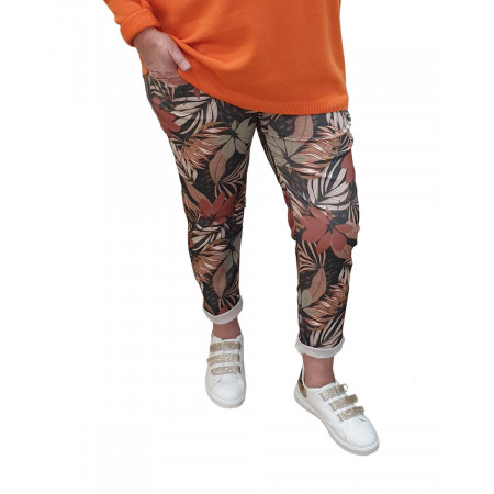 Pantalon fluide noir feuillage kaki et rouille