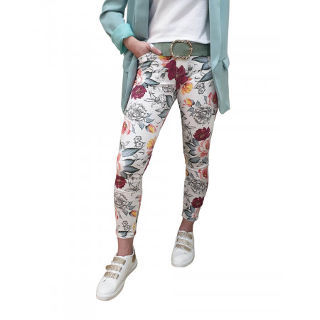 Pantalon femme skinny blanc grosses fleurs multicolores