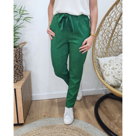 Pantalon femme fluide paper bag vert gazon à noeud