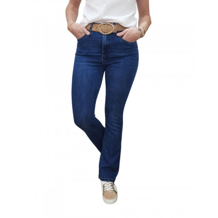 Jean femme foncé slim évasé flare taille haute