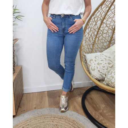 Jean femme clair délavé slim coupe confort taille haute