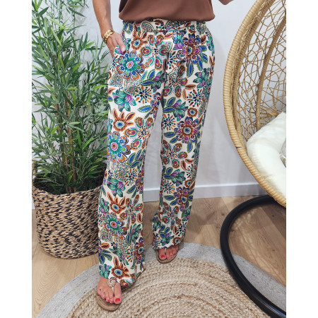 Pantalon femme fluide écru fleuri multicolore Ambroise