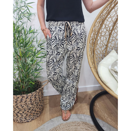 Pantalon femme fluide noir et écru Carlotta