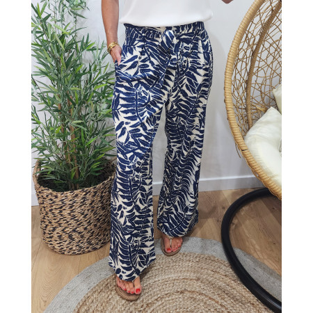 Pantalon femme fluide écru motifs bleu marine Bettina