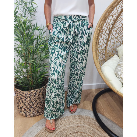 Pantalon femme fluide écru et vert Léana