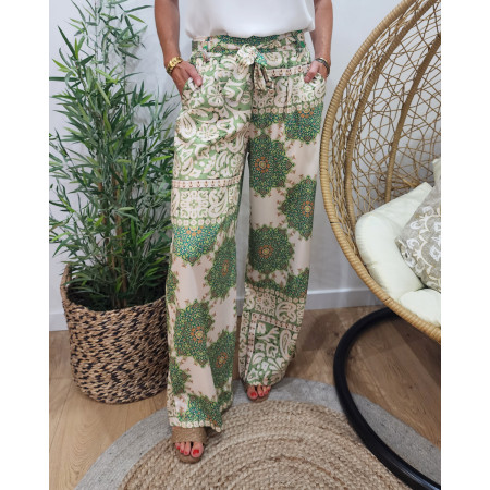 Pantalon femme fluide  beige vert et parme Enrica