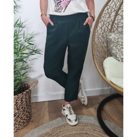 Pantalon tailleur femme fluide 7/8 vert bouteille