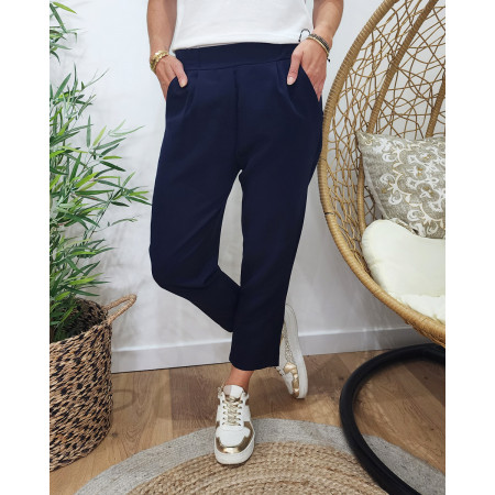 Pantalon tailleur femme fluide 7/8 bleu marine