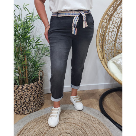 Jean femme élastique grande taille gris ceinture brodée Cathy