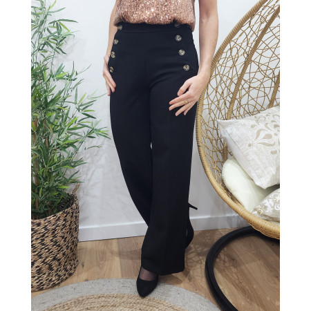 Pantalon femme noir fluide taille haute boutonné