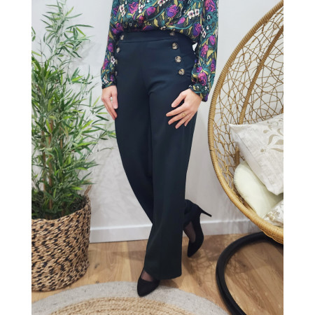 Pantalon femme vert bouteille fluide taille haute boutonné Dina