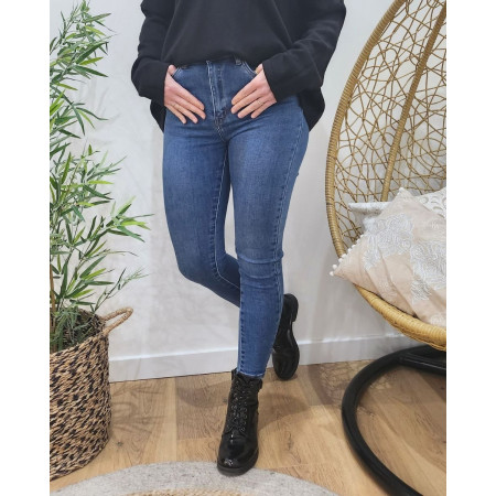 Jean femme bleu medium légèrement délavé skinny taille haute