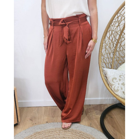 Pantalon fluide femme satiné terracota