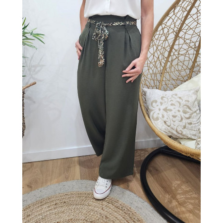 Pantalon fluide femme kaki ruban à motifs