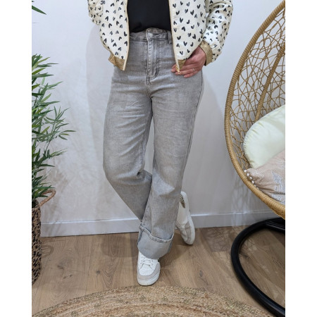 Jean femme gris clair flare gros bords taille haute