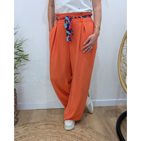 Pantalon fluide femme orange ruban à motifs