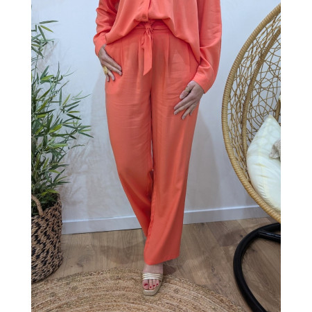 Pantalon fluide femme fin corail fluo