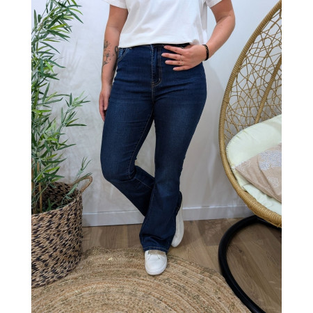 Jean femme flare taille haute bleu foncé coupe confort +